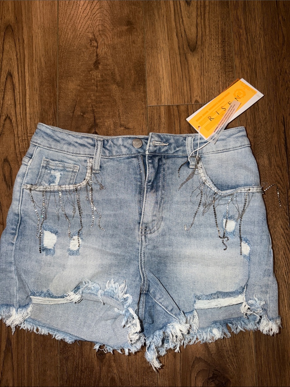Women's Light Blue High Rise Denim Shorts with Beaded Fringe